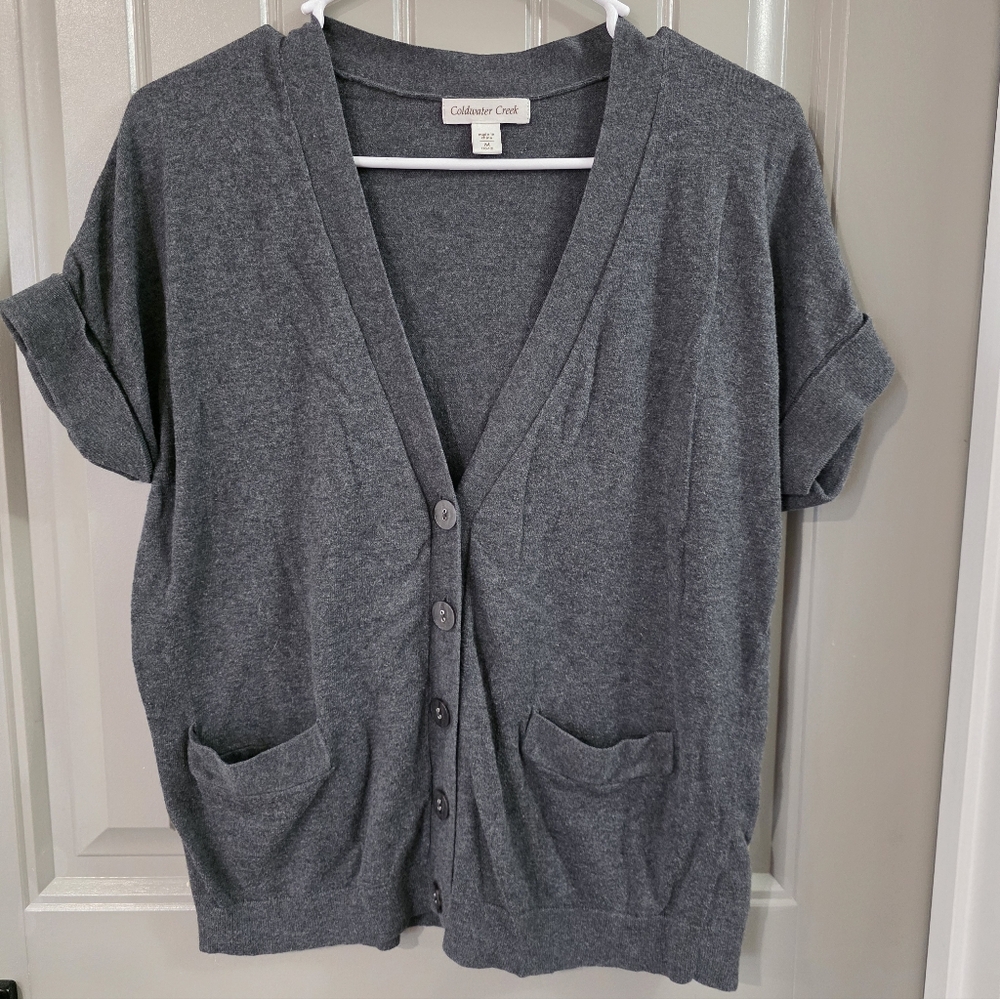 Coldwater Creek Womans Medium Gray Button Down Cardigan Short Sleeve